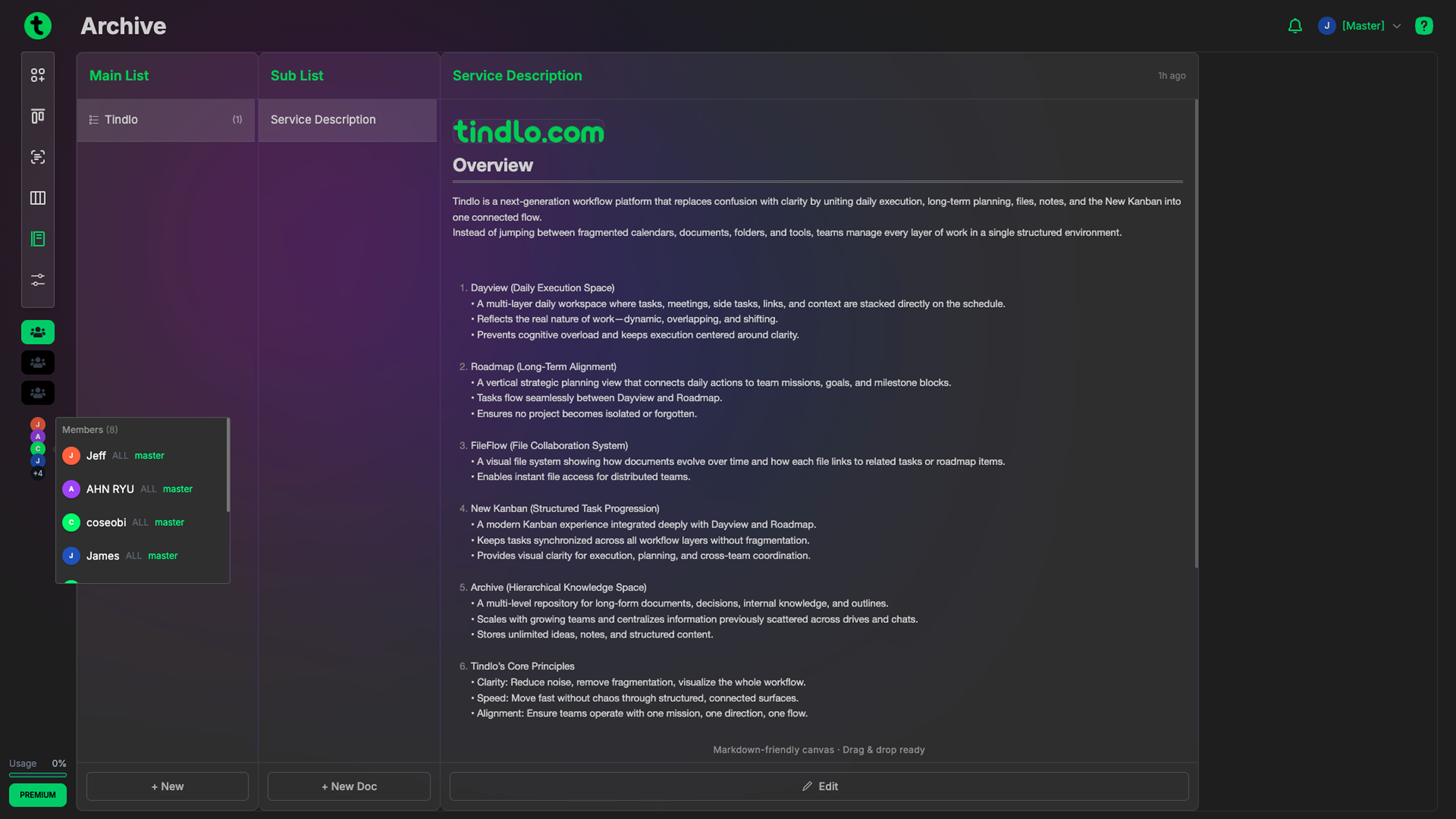 Screenshot of Branch in Tindlo for creating outlines and documents in one organized space.