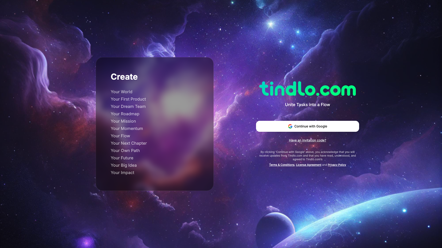 Screenshot of the sign-up screen for creating a new Tindlo account.